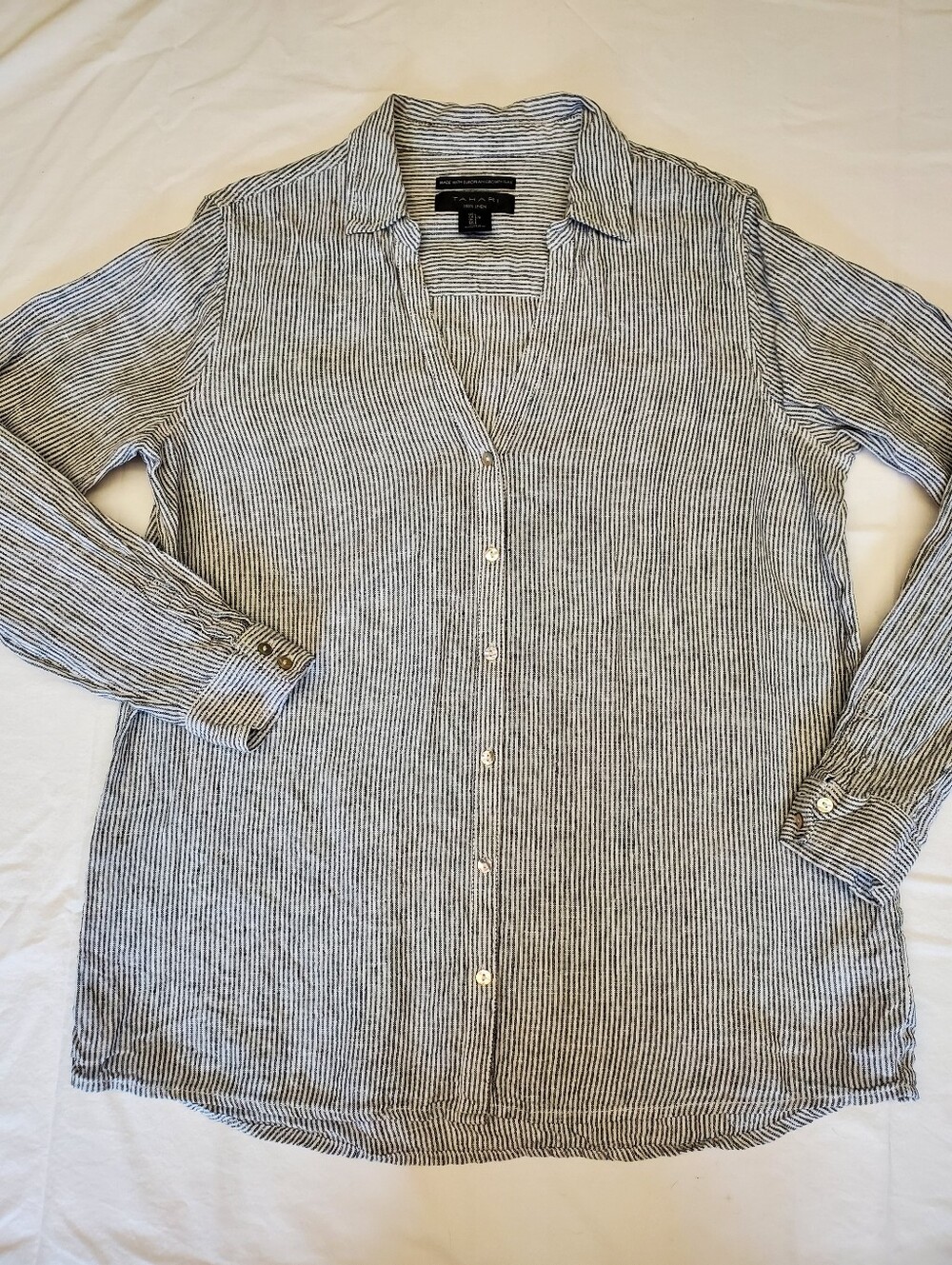 Tahari 100% Linen Button Down Shirt Womens L Black White Stripe European Flax